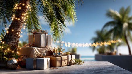 A stunning arrangement of beautifully wrapped holiday presents under palm trees, illuminated by twinkling lights, creating a joyful and relaxing tropical atmosphere.の素材