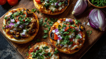 Indulge in these delicious homemade mini pizzas, featuring crispy crusts topped with fresh vegetables, cheese, and herbs, perfect for any occasion.の素材