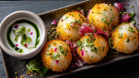 A beautifully arranged plate of crispy Indian appetizers featuring fresh herbs, vibrant spices, and a delicious dipping sauce. Perfect for sharing.の素材