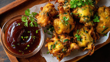 This image features crispy vegetable fritters arranged on a wooden platter, accompanied by a tangy dipping sauce and garnished with fresh herbs. Perfect for snacks or appetizers.の素材