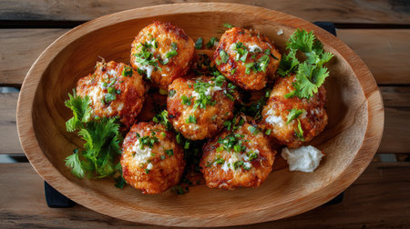 An assortment of crispy golden potato fritters topped with fresh herbs and accompanied by a creamy sauce, arranged on a rustic wooden platter.の素材