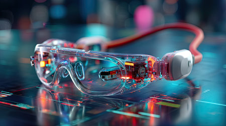 This stock photo showcases a pair of futuristic transparent glasses featuring bright LED lights and intricate wiring, set on a glossy surface that enhances their high-tech appeal.の素材