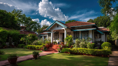 This captivating vintage house showcases beautiful architecture surrounded by a lush garden. The clear blue sky with fluffy clouds creates a serene atmosphere.の素材