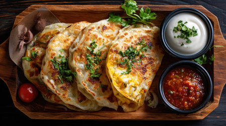 A vibrant wooden platter showcases golden brown pan-fried dumplings garnished with fresh herbs, served with a creamy sauce and spicy salsa, perfect for sharing.の素材