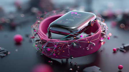 A captivating image of a futuristic smartwatch placed on a sleek surface, surrounded by vibrant connectivity graphics representing advanced technology and innovation.の素材