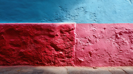A striking image of a textured wall featuring a bold contrast between blue and pink colors. This vibrant setting offers a contemporary aesthetic, perfect for various creative projects.の素材