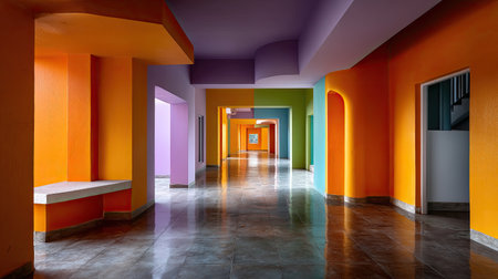 A stunning interior hallway showcasing vibrant colors and modern architecture. The space exudes a cheerful ambiance with its artistic design, creating an inviting atmosphere.の素材