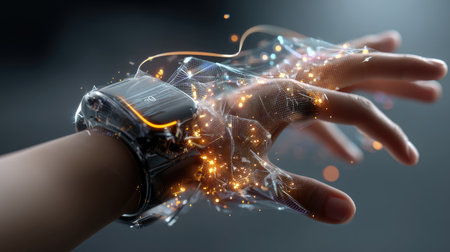 This captivating image features a high-tech smartwatch on a human wrist, glowing with intricate digital effects and vibrant particles, symbolizing advanced technology and interaction.の素材