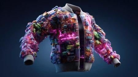 This image features a stunning futuristic jacket design, showcasing vibrant circuit elements and captivating neon lighting, embodying the fusion of fashion and technology.の素材