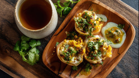 A vibrant wooden plate showcases delicious Indian street food topped with fresh herbs, accompanying spicy chutneys, served alongside fragrant tea.の素材