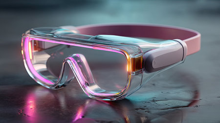 This image features a pair of modern augmented reality glasses showcasing a sleek and transparent design with colorful accents, emphasizing futuristic technology.の素材