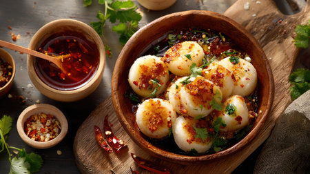 A closeup of savory dumplings drizzled in a spicy sauce, garnished with fresh herbs and spices, served in a rustic wooden bowl. Perfect for food lovers.の素材