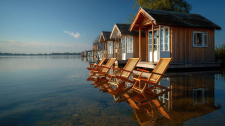 Experience the serenity of a lakeside retreat featuring charming wooden cabins and comfortable lounge chairs by the calm water, perfect for relaxation.の素材