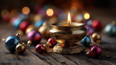 A beautiful candle with a gentle flame surrounded by colorful Christmas ornaments on a rustic wooden surface, perfect for holiday decorations and celebrations.の素材