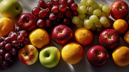 A vibrant assortment of fresh fruits including apples, oranges, and grapes beautifully arranged on a white background, showcasing their vivid colors and textures.の素材
