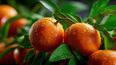 A stunning close-up of ripe oranges glistening with water droplets, nestled among lush green leaves, showcasing freshness and natural beauty.の素材
