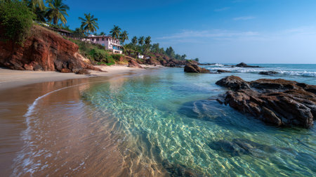 A serene tropical beach featuring clear azure waters, vibrant palm trees, and golden sands, perfect for relaxation and adventure under a bright sky.の素材