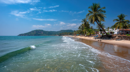 Enjoy a picturesque view of a tranquil tropical beach featuring palm trees, gentle waves, and a clear blue sky, perfect for relaxation and escape.の素材