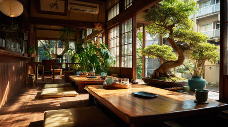 Experience the tranquility of a Japanese tea house showcasing traditional decor, natural light, and a peaceful garden view, perfect for relaxation.の素材