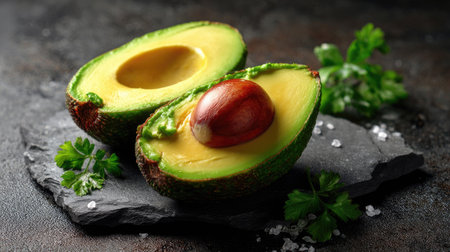 Freshly cut avocado halves showcase vibrant green flesh and a rich texture, garnished with herbs and sea salt on a dark slate surface, perfect for culinary use.の素材