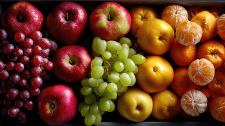 A vibrant display of fresh fruits features red and green apples, yellow and green grapes, and sweet mandarin oranges, perfect for healthy snacking.の素材