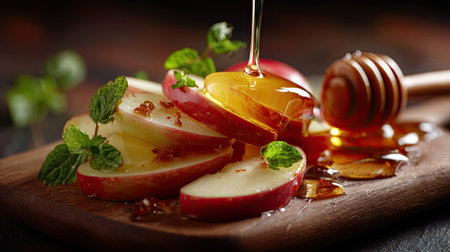 Fresh, vibrant sliced apples are drizzled with golden honey on a rustic wooden board, accented by mint leaves, showcasing a delicious and healthy treat.の素材
