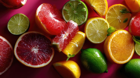 A vivid collection of citrus fruits featuring oranges, lemons, limes, and grapefruits arranged beautifully on a purple background, highlighting their fresh appearance.の素材