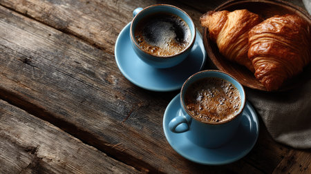 Enjoy a serene breakfast scene featuring two cups of freshly brewed coffee beside a golden croissant. Perfect for food lovers and cozy moments.の素材