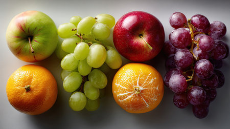 A vibrant arrangement of fresh fruits including apples, grapes, and oranges displayed on a subtle grey background, ideal for health and nutrition themes.の素材