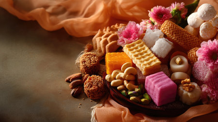 This image showcases a vibrant assortment of traditional Indian sweets arranged beautifully with flowers, perfect for celebrations and festive occasions, highlighting the culinary artistry.の素材