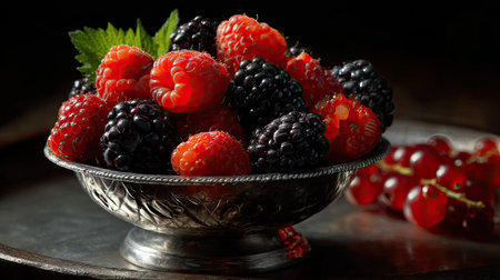 A stunning arrangement of fresh raspberries and blackberries elegantly displayed in a silver bowl, highlighting the vibrant colors and textures of the berries.の素材