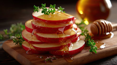 A captivating arrangement of fresh red apple slices, luxuriously drizzled with honey and accentuated with fragrant thyme, served on a rustic wooden board.の素材