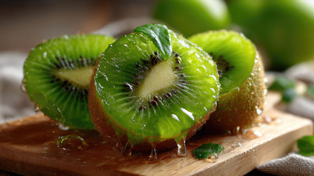 Discover the vibrant beauty of freshly cut kiwi slices, glistening with droplets of juice on a wooden board. Perfect for refreshing snacks, healthy dishes, or culinary presentations.の素材