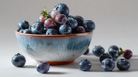 A close-up view of fresh blueberries displayed in a decorative bowl. The berries glisten with moisture, representing healthy snacking and natural goodness on a light background.の素材