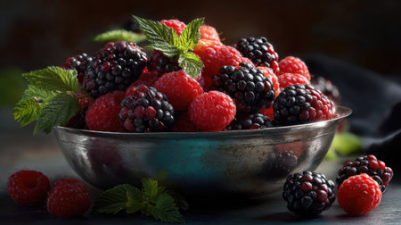 This image features a vibrant and fresh assortment of raspberries and blackberries elegantly arranged in a vintage silver bowl, complemented by mint leaves.の素材