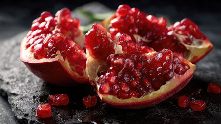 A beautifully shot image of freshly cut pomegranate revealing its juicy red seeds. The dark slate background highlights the vibrant color and texture, making it perfect for culinary and health-related themes.の素材