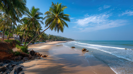 A stunning beach scene featuring lush palm trees swaying gently by the shoreline, waves lapping at the smooth sand under a bright blue sky.の素材