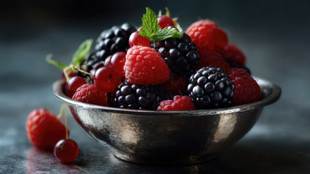 A visually striking composition of fresh mixed berries including raspberries, blackberries, and red currants, elegantly arranged in a silver bowl.の素材