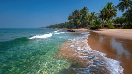 Discover the beauty of a serene tropical beach with crystal clear water and lush palm trees, perfect for relaxation and adventure under the sun.の素材