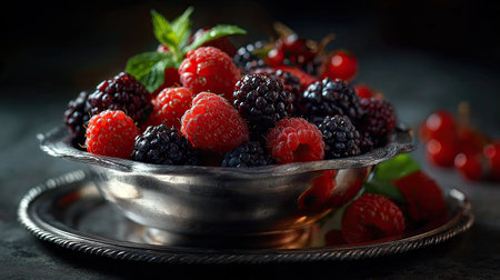 A stunning image featuring a variety of fresh berries including raspberries and blackberries, arranged elegantly in a silver bowl. Perfect for food lovers!の素材