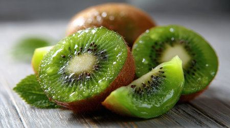 This captivating image features fresh kiwi fruit slices and whole kiwis on a wooden surface, enhanced by green leaves, perfect for food styling.の素材