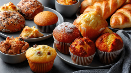 Enjoy a vibrant assortment of freshly baked bread and muffins beautifully arranged on a gray marble table, perfect for a cozy breakfast or snack.の素材