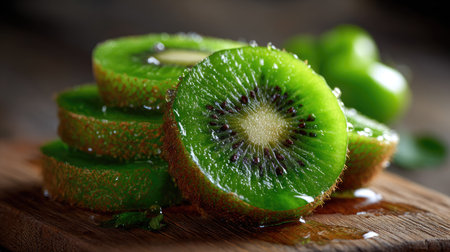 This image showcases freshly sliced kiwi fruit revealing its juicy, vibrant green flesh and unique texture on a wooden cutting board, perfect for culinary inspiration.の素材