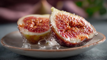 Enjoy the beauty of fresh sliced figs glistening with water drops on a plate. This image captures the vibrant color and tempting texture of this healthy fruit, perfect for culinary inspiration and healthy snack ideas.の素材