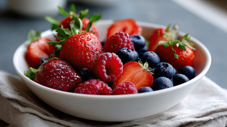 A beautiful collection of fresh strawberries, raspberries, and blueberries in a white bowl, showcasing vibrant colors and healthy appeal on a textured surface.の素材