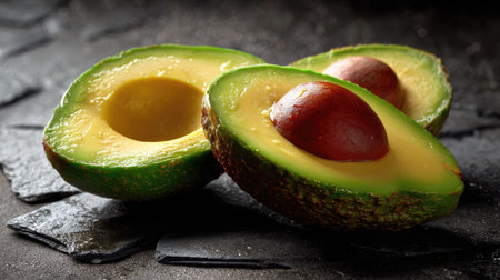 Discover the beauty of fresh avocado halves showcasing smooth yellow flesh and a vibrant green skin on a dark slate surface, perfect for healthy recipes.の素材