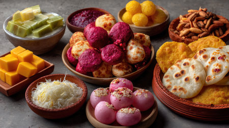 A vibrant display of traditional Indian sweets and savories, showcasing an assortment of colors, textures, and flavors perfect for festive occasions and gatherings.の素材