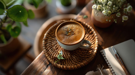 A inviting image of freshly brewed coffee in a ceramic cup placed on a woven coaster, accentuated by lush houseplants, creating a tranquil and rustic atmosphere.の素材