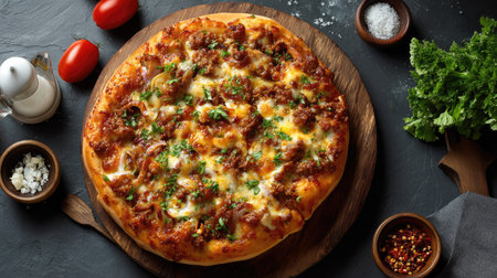 Indulge in this delicious freshly baked pizza topped with melted cheese and spicy sausage, surrounded by vibrant fresh ingredients ready for a feast.の素材
