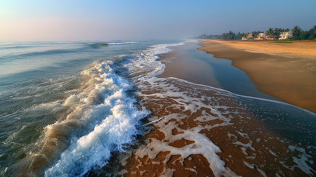 A stunning view of a tranquil beach scene featuring gentle waves lapping against soft sand. The serene coastline captures the beauty of dawn, with reflections of the morning sky and distant palm trees, inviting relaxation and exploration.の素材